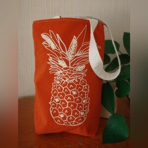 Handmade upcycled embroidered princeton orange everyday tote bag - Pineapple